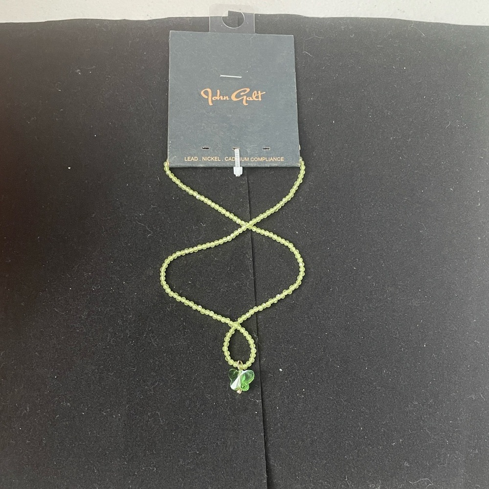 John Galt green beaded butterfly necklace